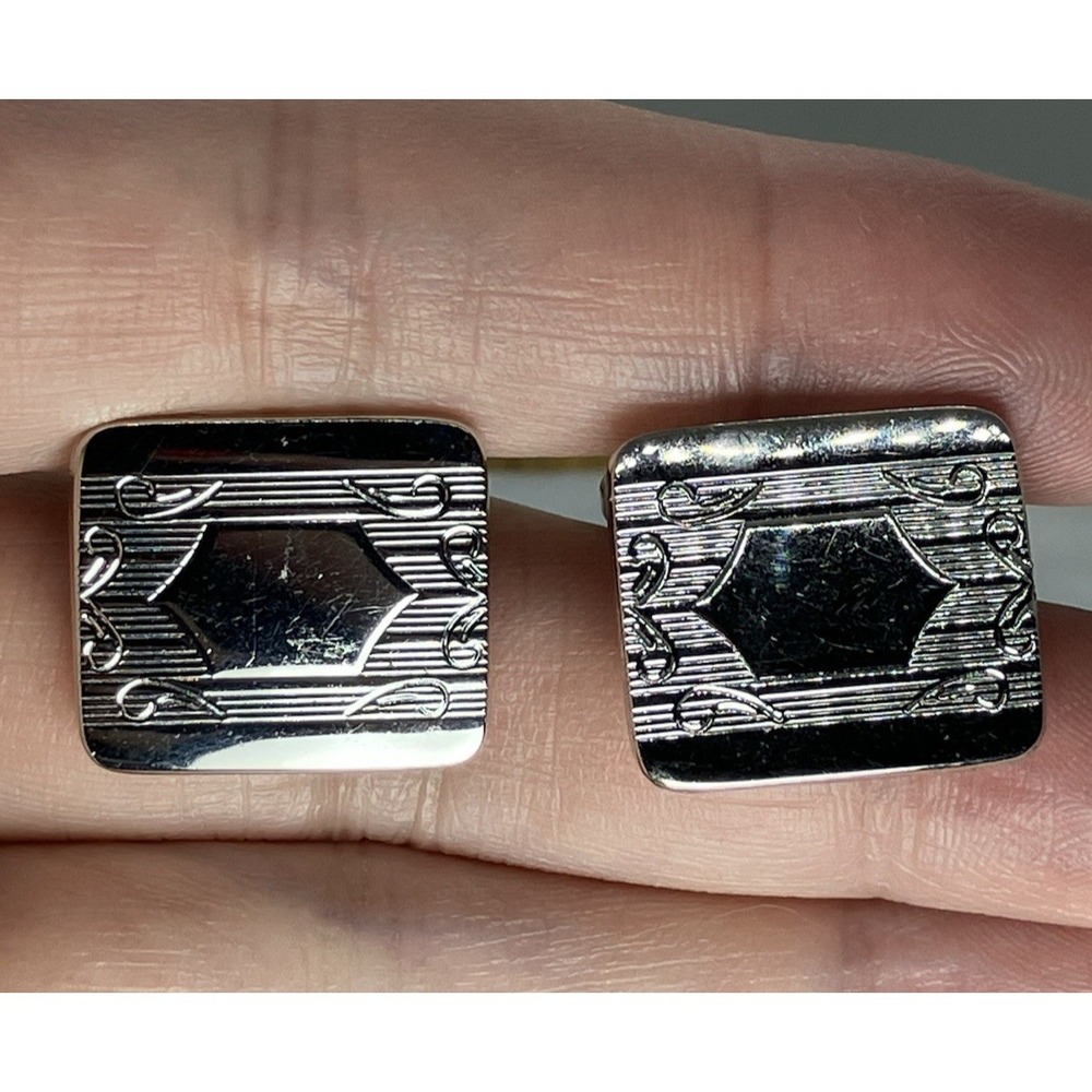 Vtg Silver Tone Cufflinks Ornate Monogram Engrave Ready Old Money Estate MCM